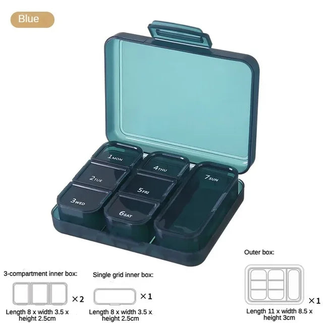 Portable 7-day pill box that can hold a bottle of oral solution