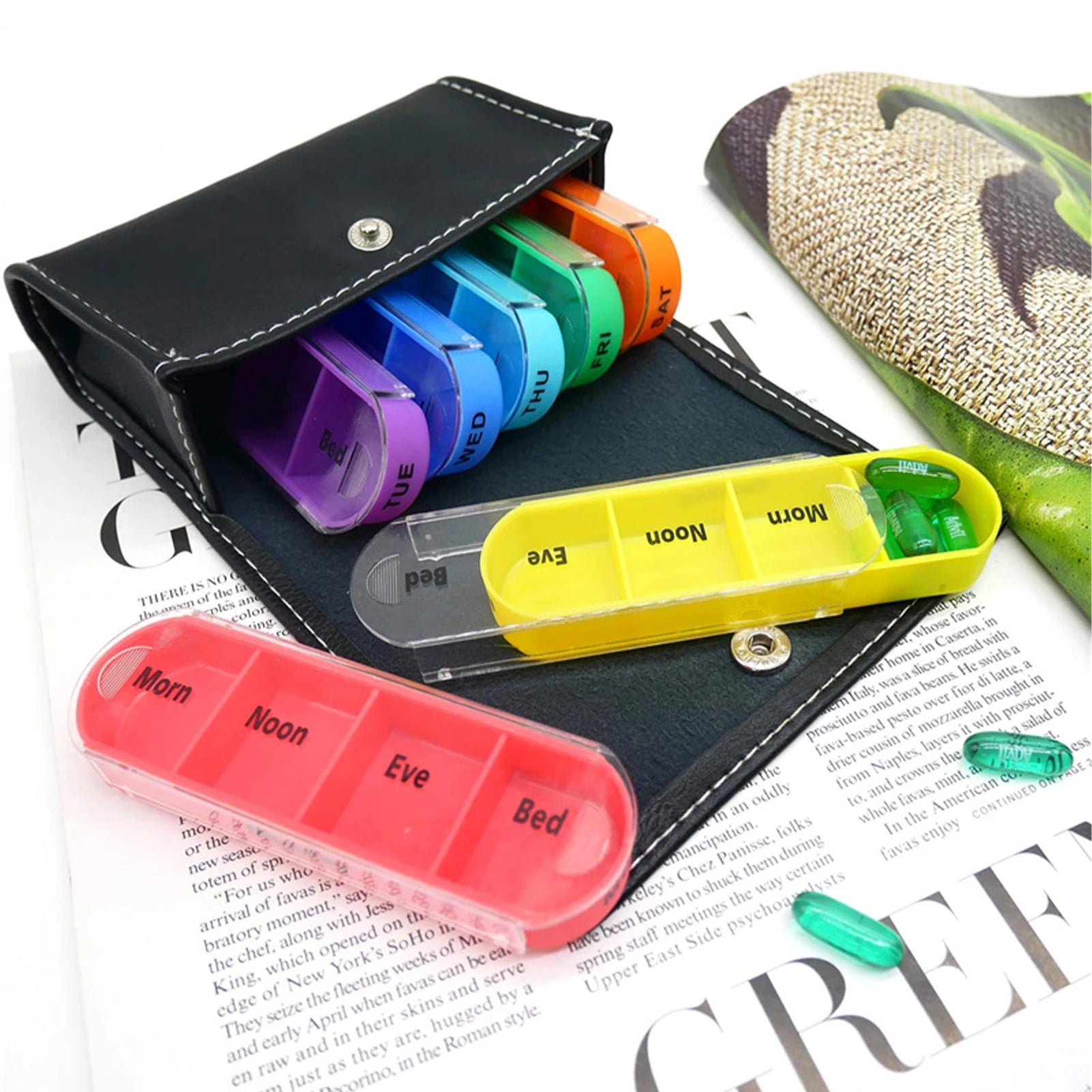 Portable weekly pill box, includes organizer