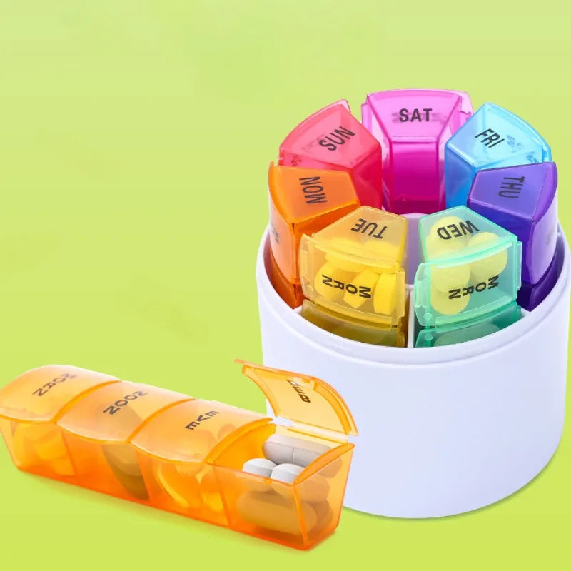 Cylindrical weekly medicine storage box, 7-day pill box 4 times a day pill case