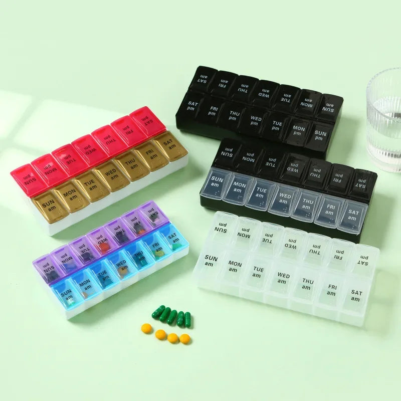New weekly portable travel pill box 7 days 14 compartments AM and PM pill case