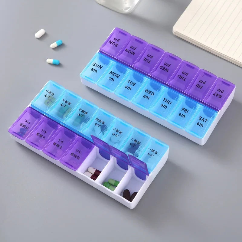 New weekly portable travel pill box 7 days 14 compartments AM and PM pill case