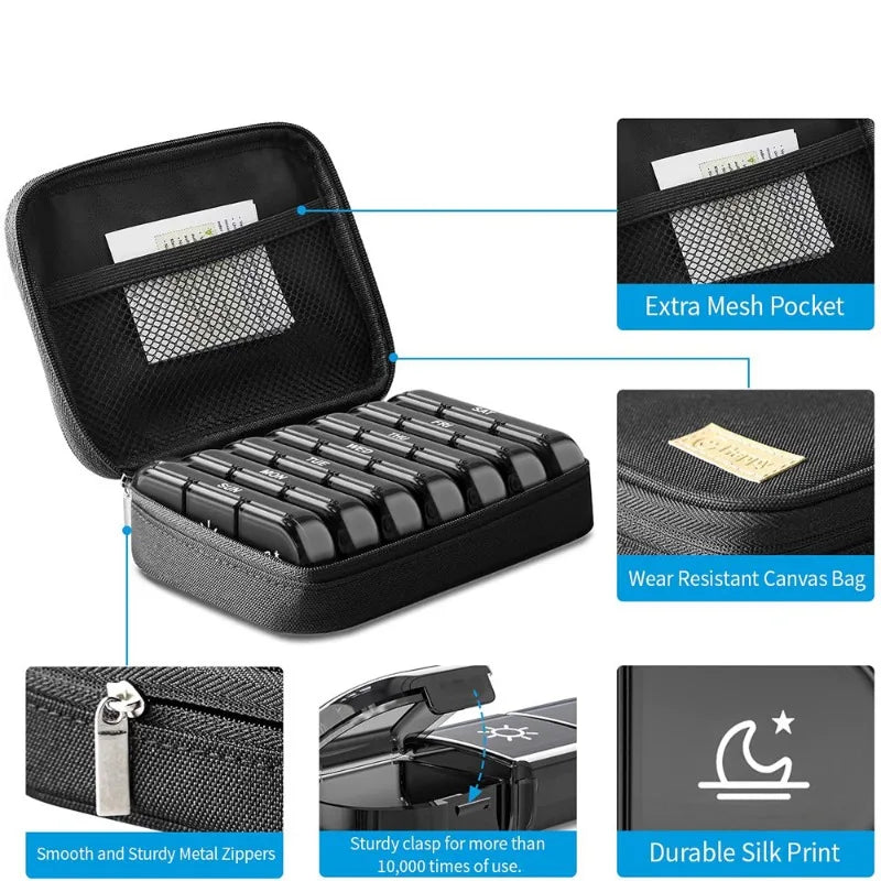 21 compartments weekly pill storage box, 7-day pill box, 3 daily pill case with storage bag