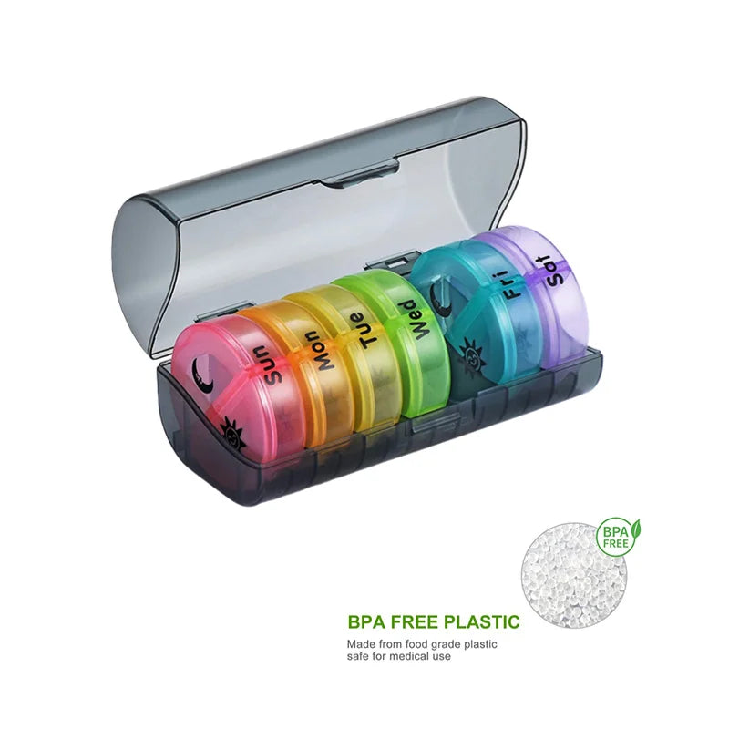 Round portable pill case, 7-day pill case, 2 pill cases per day, morning and evening pill case