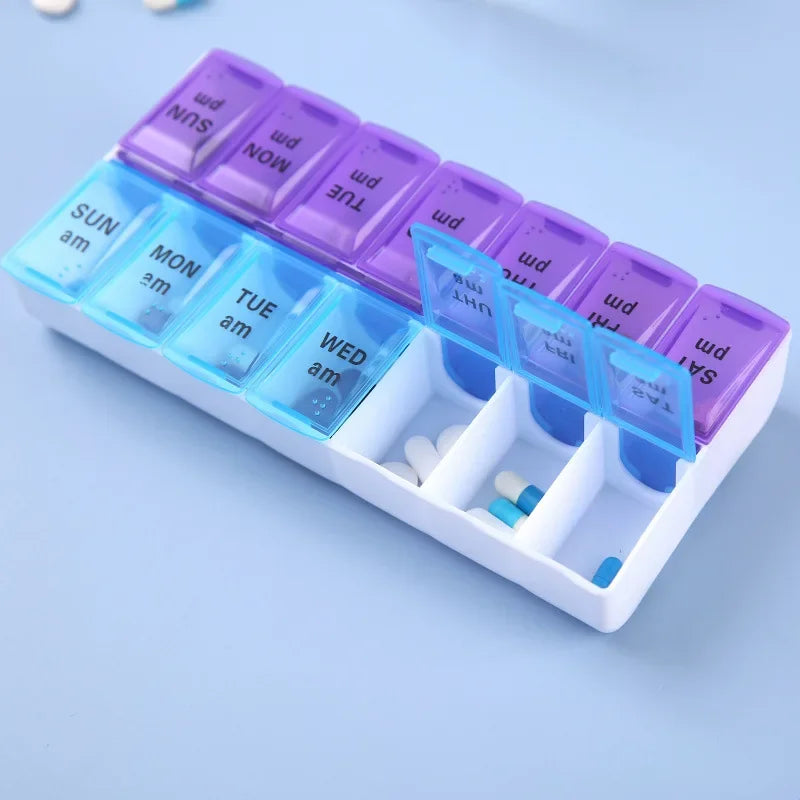 New weekly portable travel pill box 7 days 14 compartments AM and PM pill case