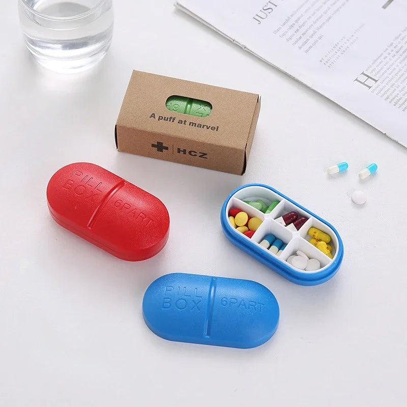 Pill shape, pocket travel pill box, 6 partitions