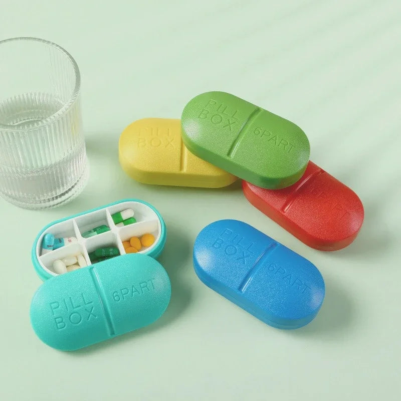 Pill shape, pocket travel pill box, 6 partitions