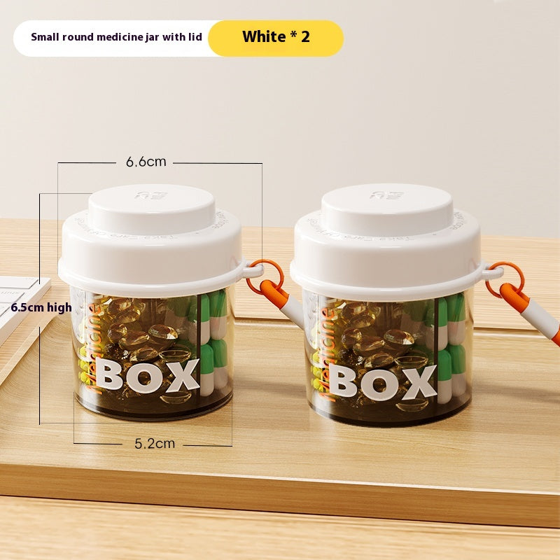 Round pill box with lid, pill box with lanyard, pill case for three meals a day