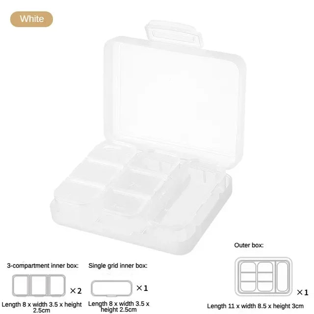 Portable 7-day pill box that can hold a bottle of oral solution