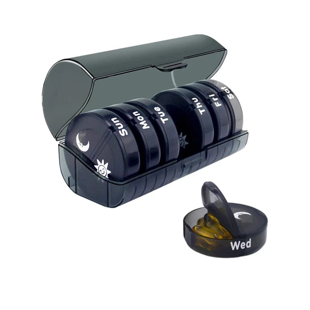 Round portable pill case, 7-day pill case, 2 pill cases per day, morning and evening pill case