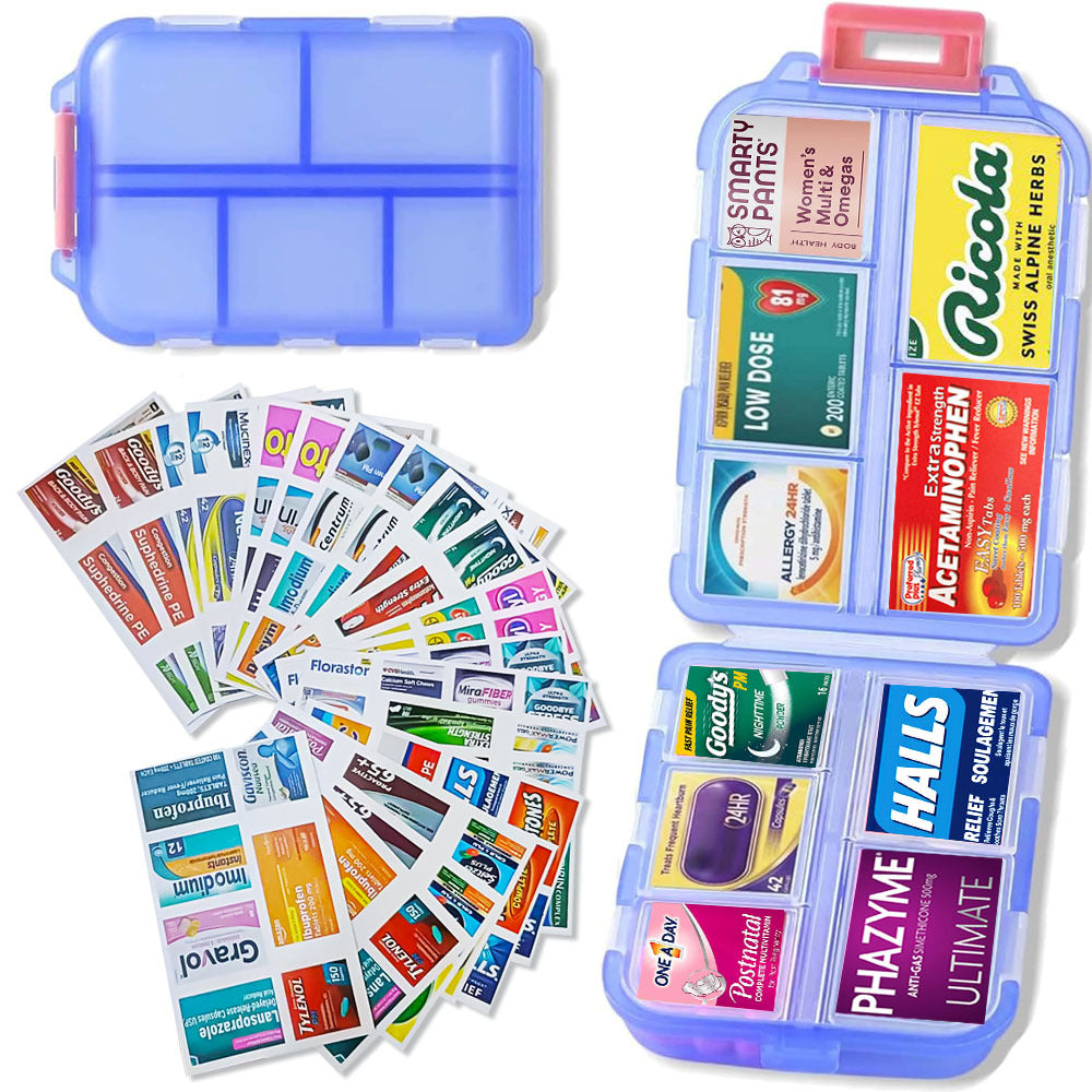 Travel Pill Box 10 Compartment Storage Box with Labels