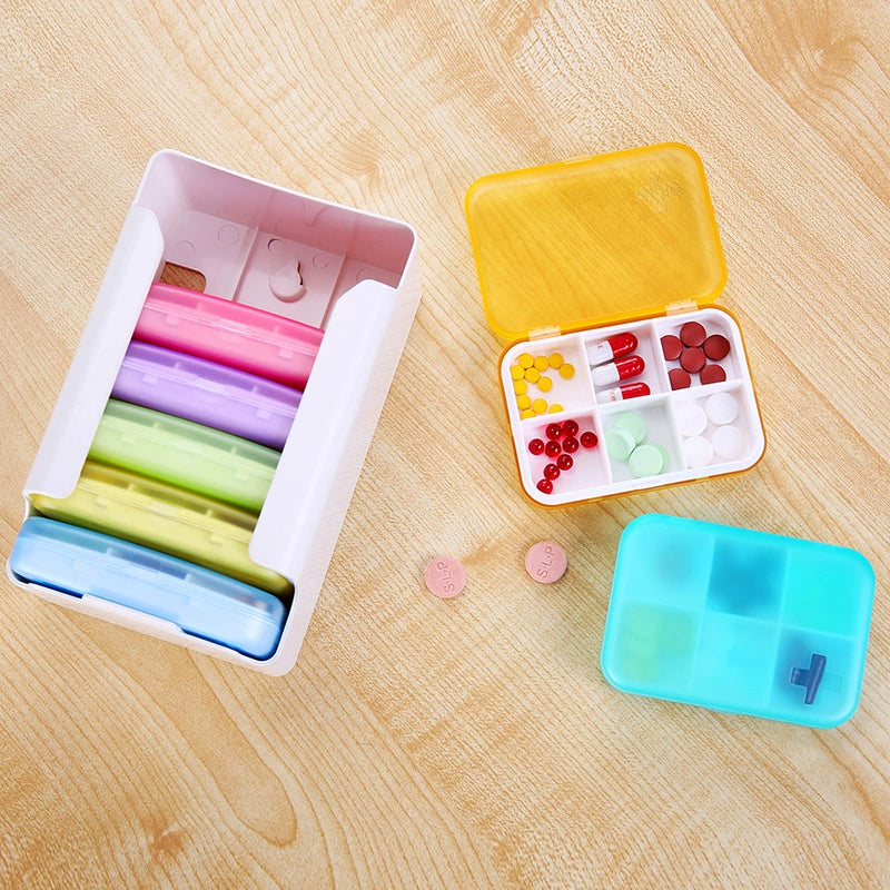 Portable pill box, 7-day pill box, 4/6-compartment pill case, portable travel pill box