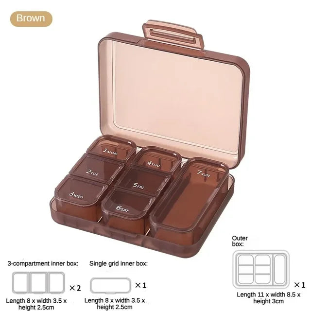 Portable 7-day pill box that can hold a bottle of oral solution