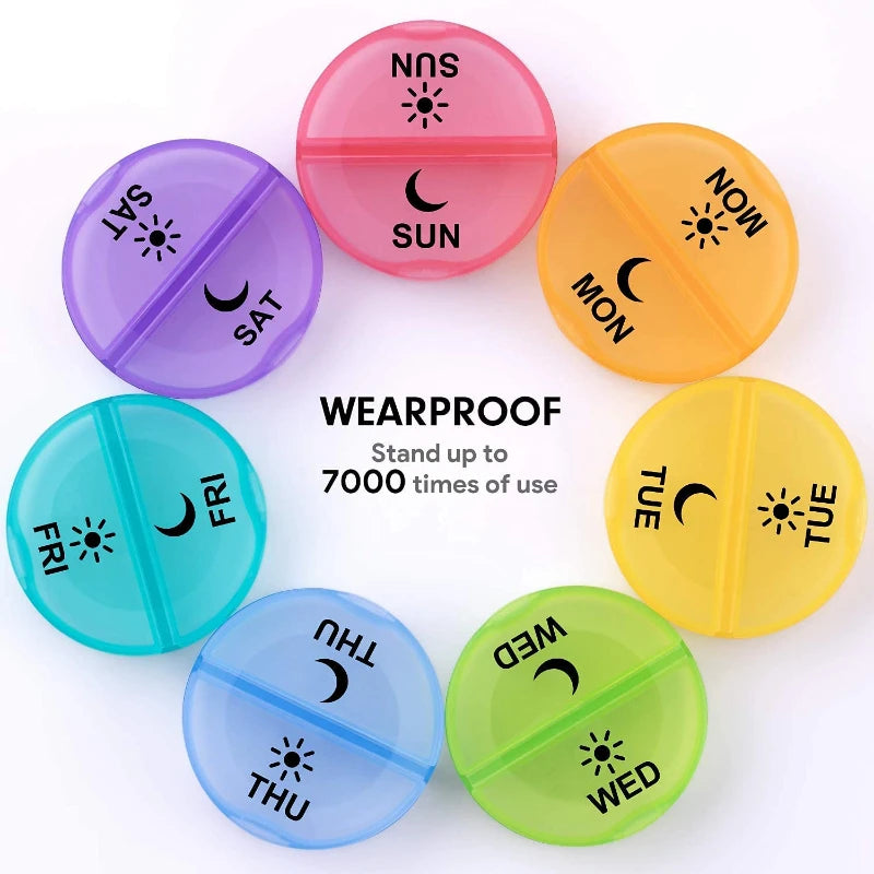 Round portable pill case, 7-day pill case, 2 pill cases per day, morning and evening pill case