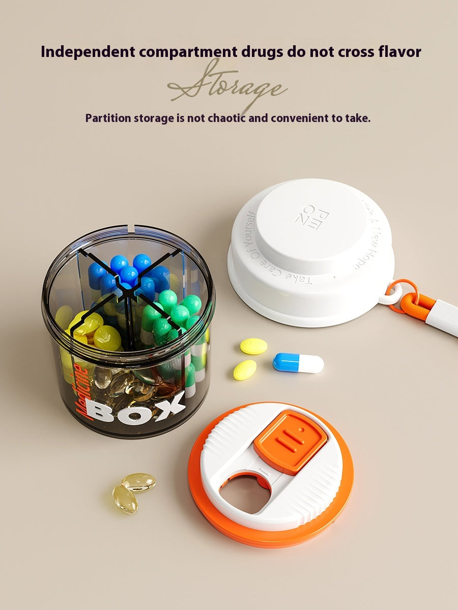 Round pill box with lid, pill box with lanyard, pill case for three meals a day