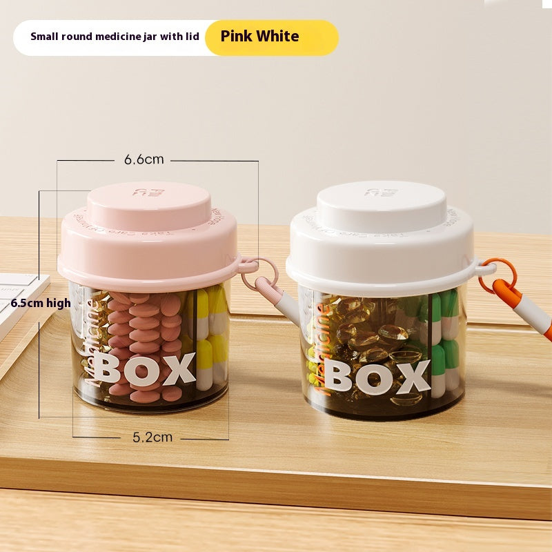 Round pill box with lid, pill box with lanyard, pill case for three meals a day