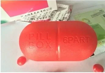 Pill shape, pocket travel pill box, 6 partitions
