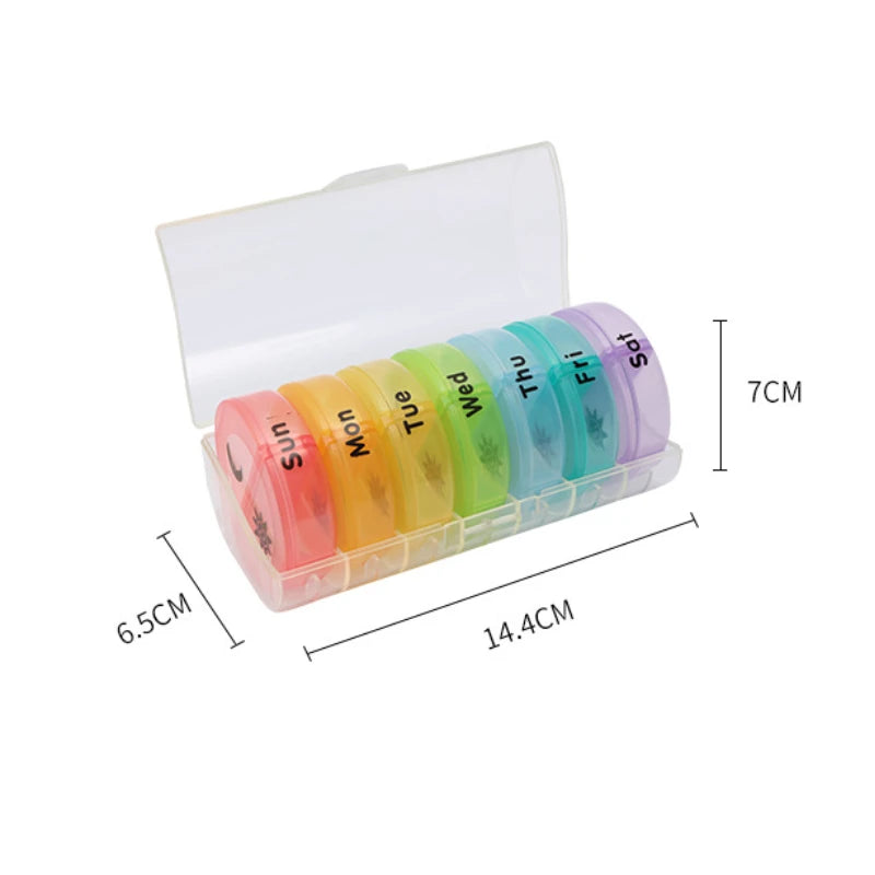 Round portable pill case, 7-day pill case, 2 pill cases per day, morning and evening pill case