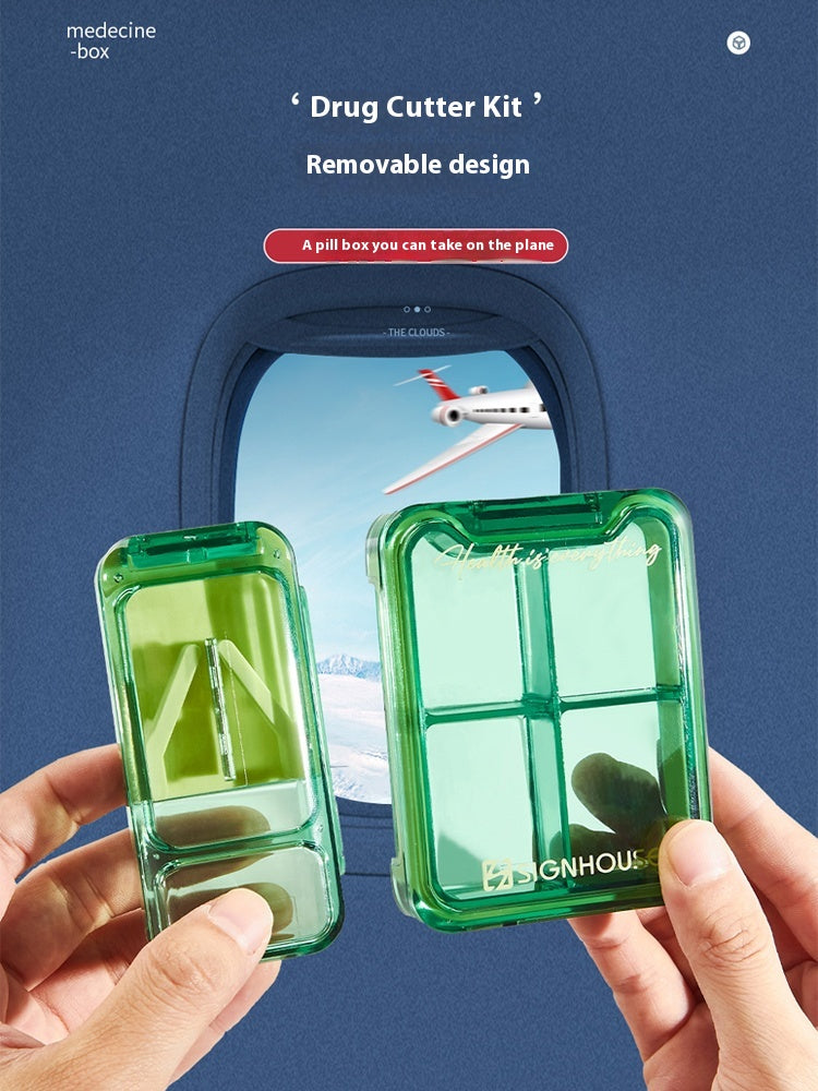 Pill splitter and pill box combination, portable sealed pill case