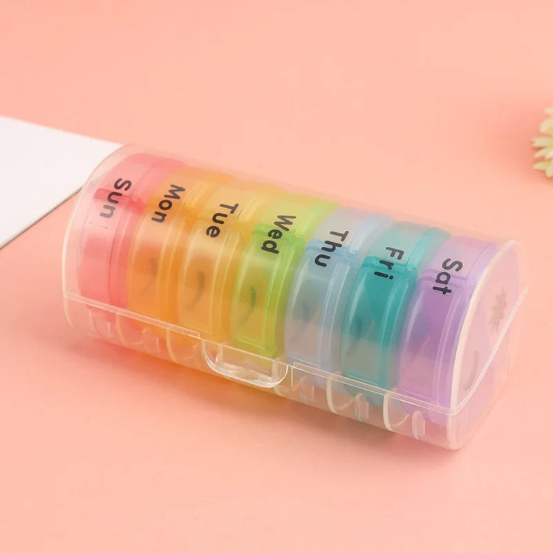 Round portable pill case, 7-day pill case, 2 pill cases per day, morning and evening pill case