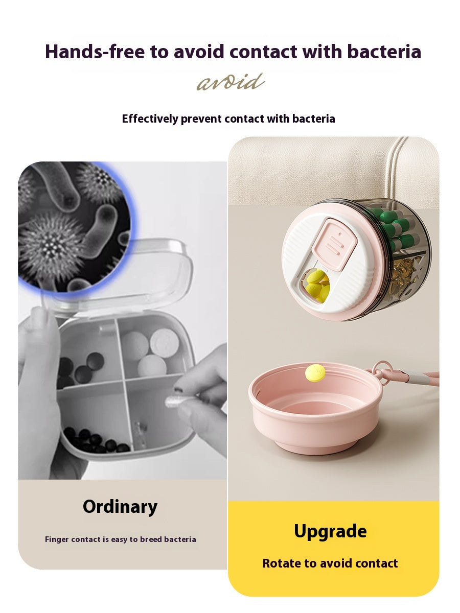 Round pill box with lid, pill box with lanyard, pill case for three meals a day