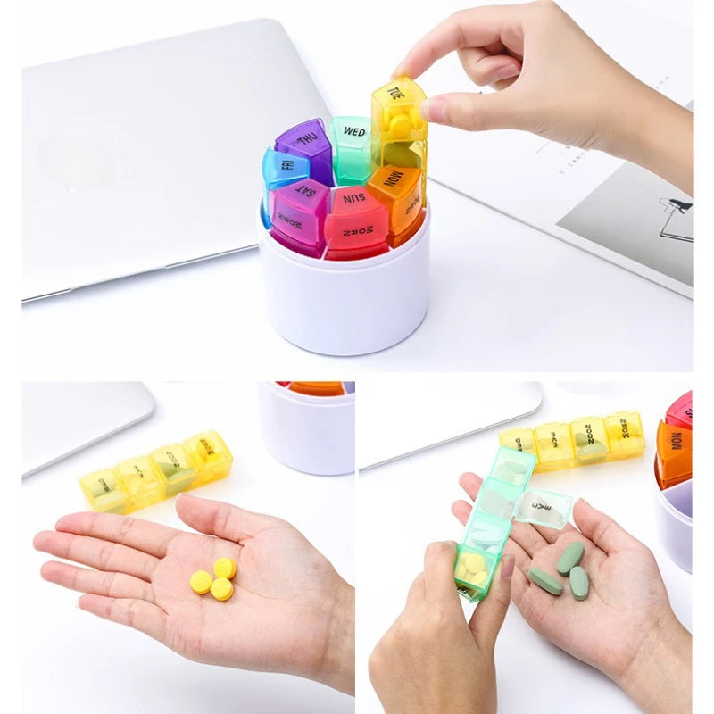 Cylindrical weekly medicine storage box, 7-day pill box 4 times a day pill case