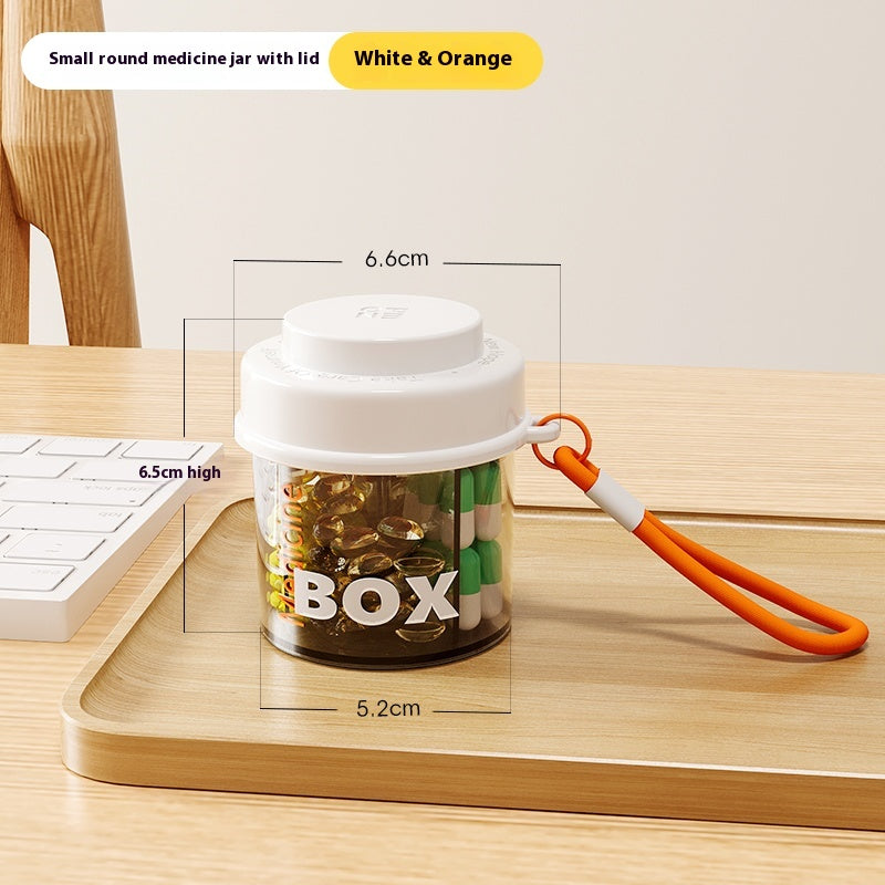Round pill box with lid, pill box with lanyard, pill case for three meals a day