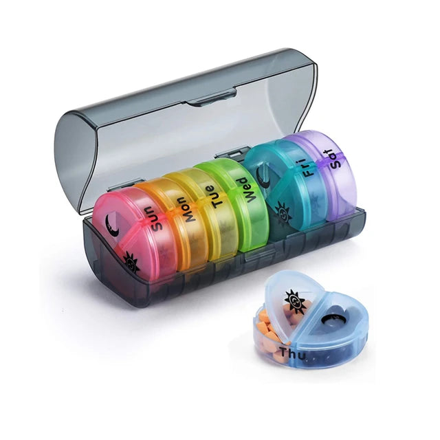 Round portable pill case, 7-day pill case, 2 pill cases per day, morning and evening pill case