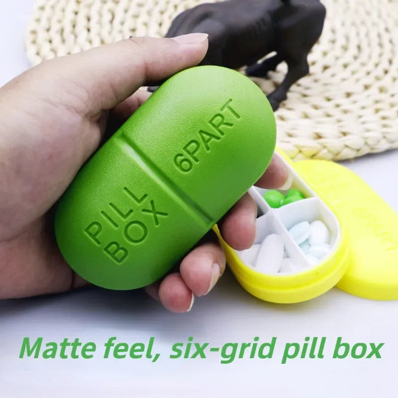 Pill shape, pocket travel pill box, 6 partitions