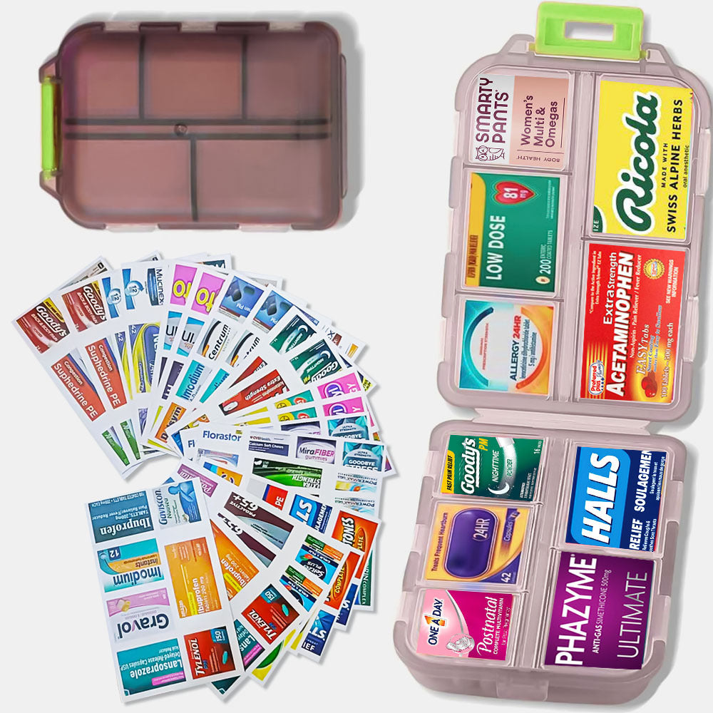 Travel Pill Box 10 Compartment Storage Box with Labels