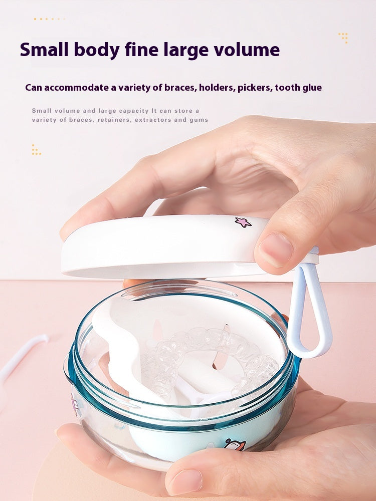 Portable braces box with magnetic mirror and lanyard