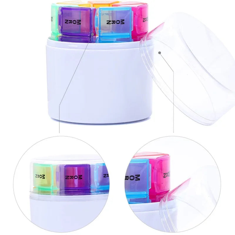 Cylindrical weekly medicine storage box, 7-day pill box 4 times a day pill case