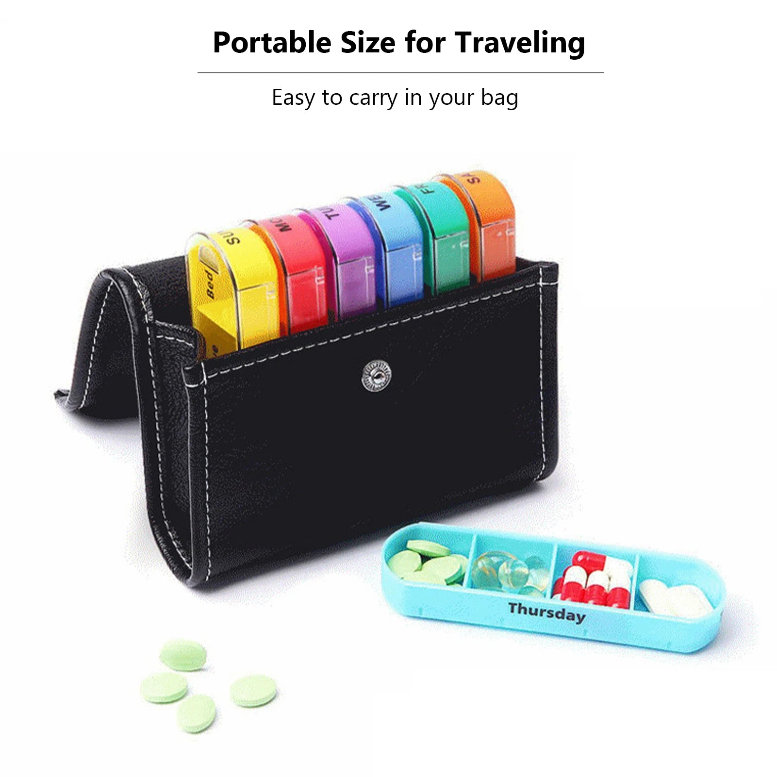 Portable weekly pill box, includes organizer