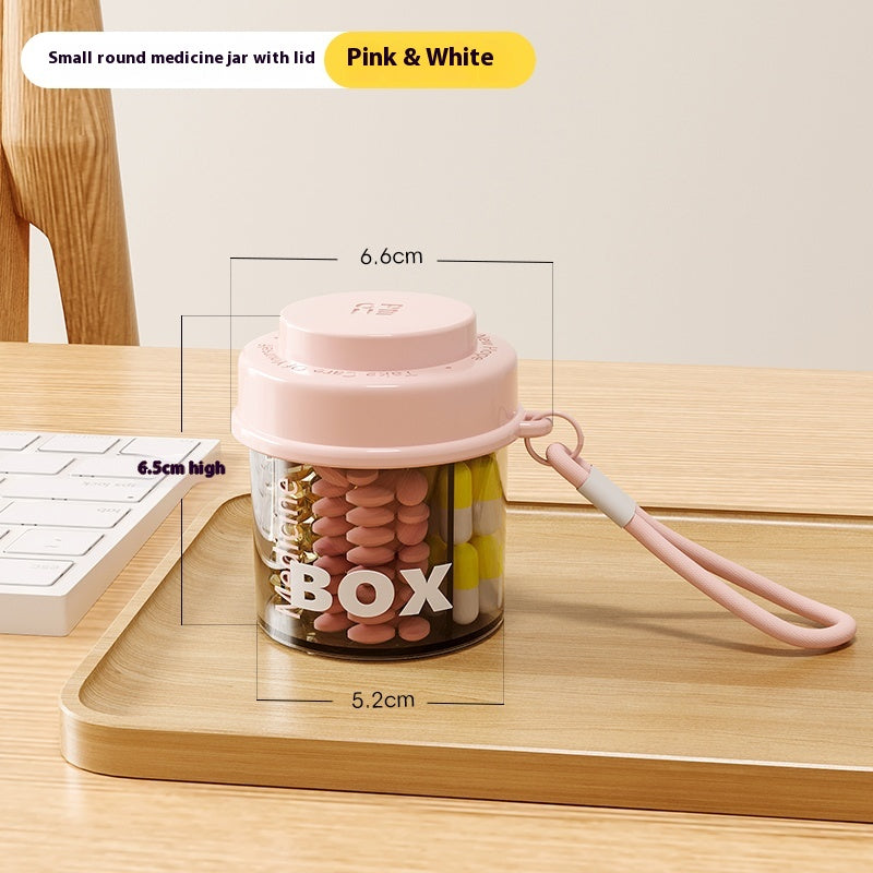 Round pill box with lid, pill box with lanyard, pill case for three meals a day