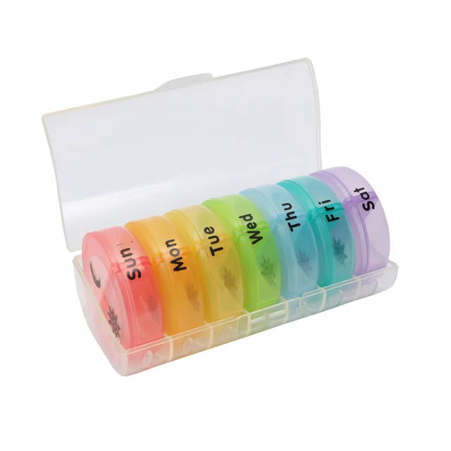 Round portable pill case, 7-day pill case, 2 pill cases per day, morning and evening pill case
